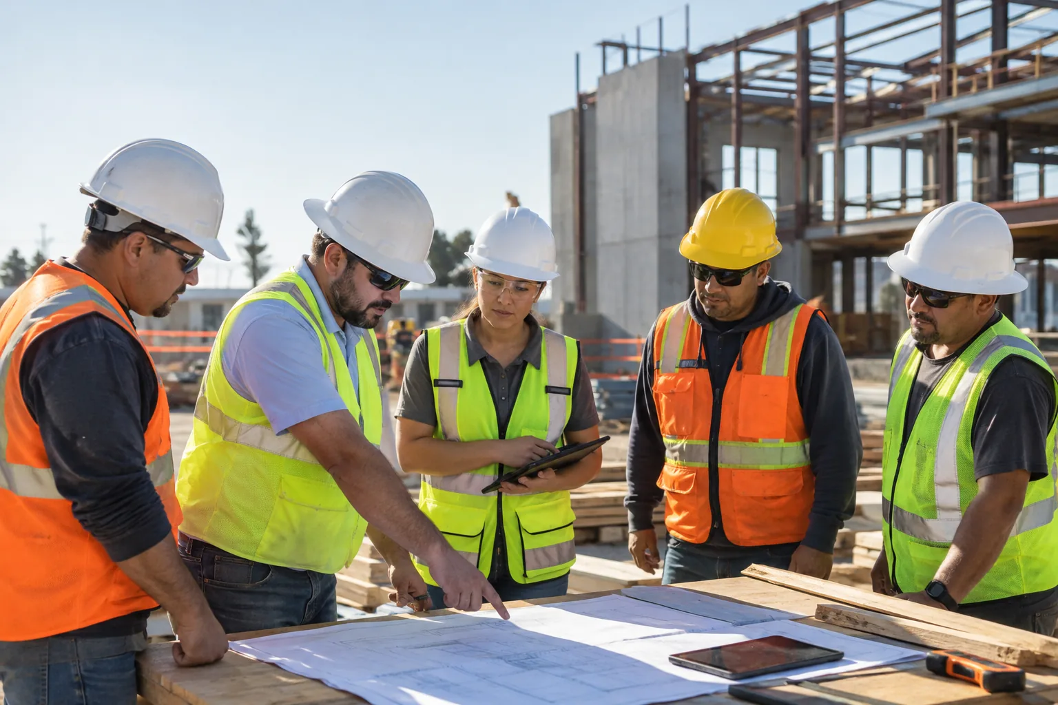 Safety professionals leading a construction crew training session in California.