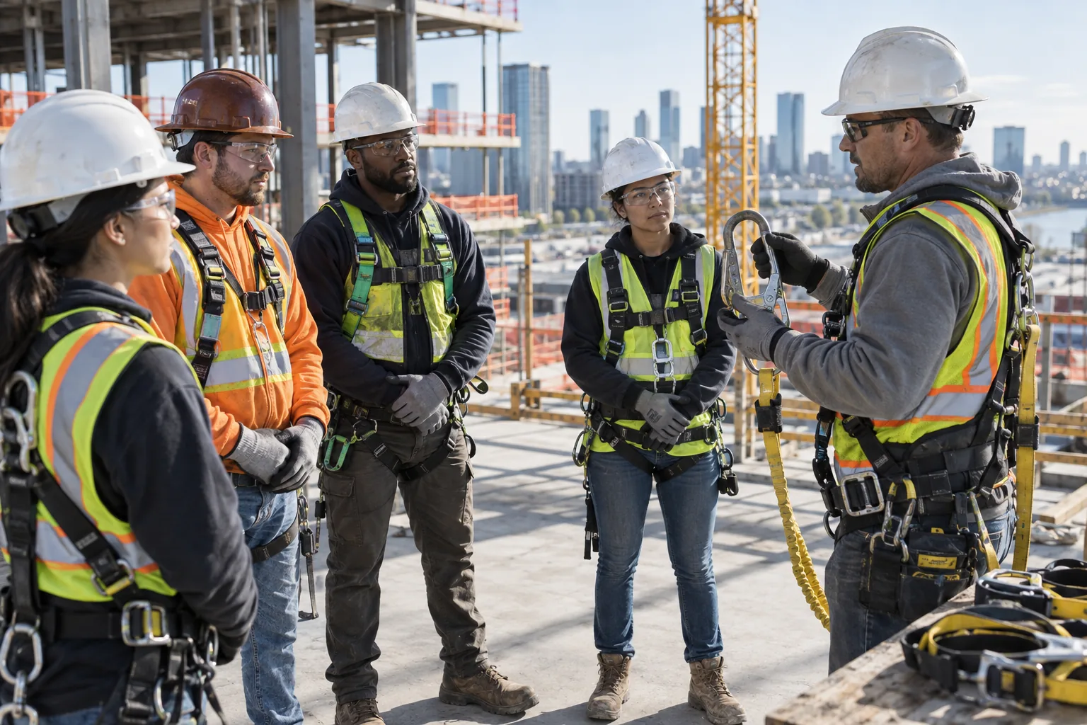 Construction crew taking part in a hands-on job-site safety briefing.