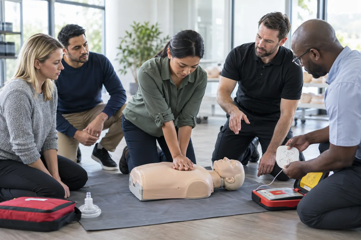 Workplace team practicing CPR and AED emergency response with an instructor.