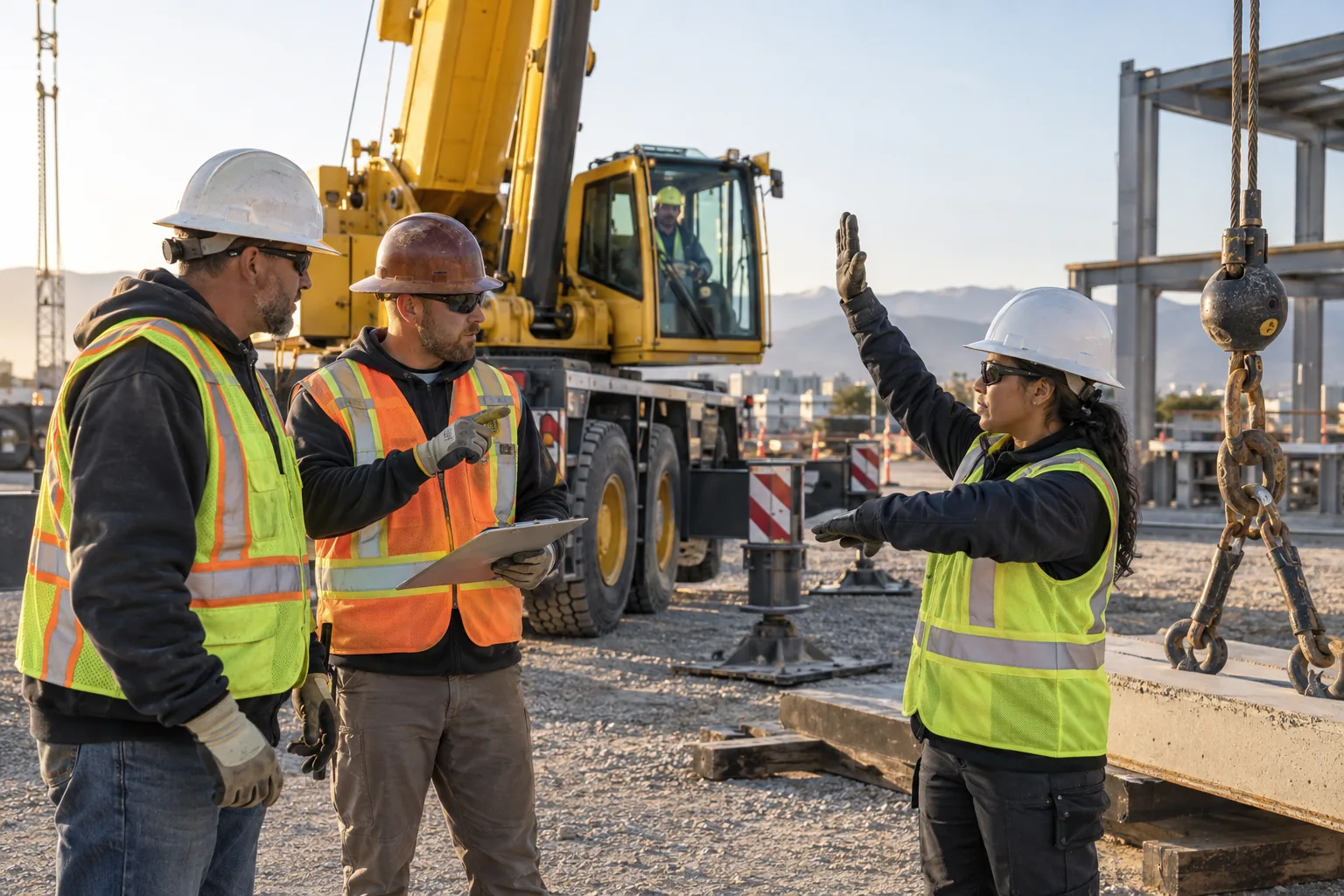 Crane operator, rigger, and signalperson holding a pre-lift safety briefing.