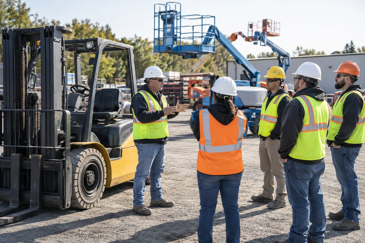 Instructor leading a hands-on forklift and aerial-lift safety briefing.